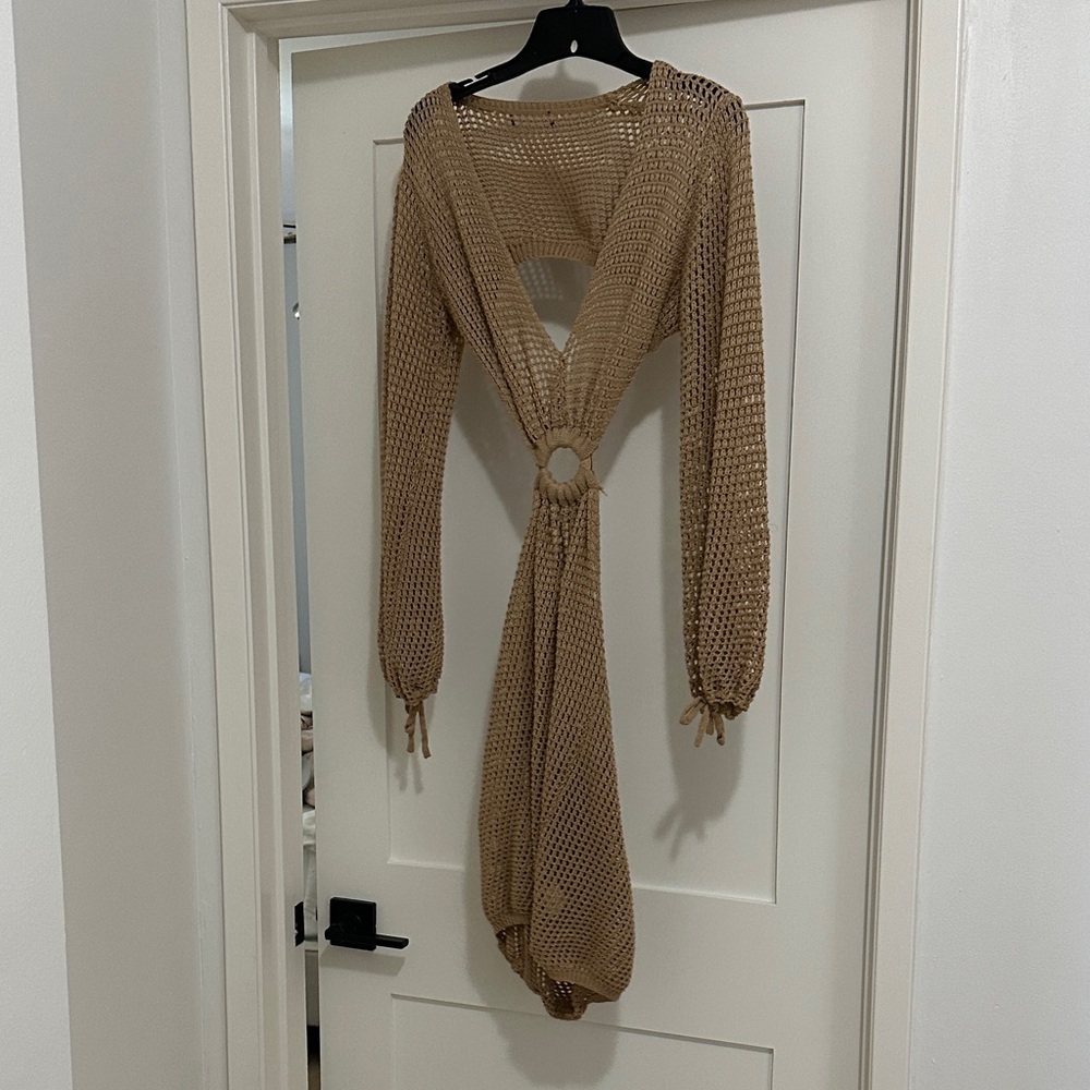 Beige Crochet Ring-Front Women’s Cover Up Beach Dress